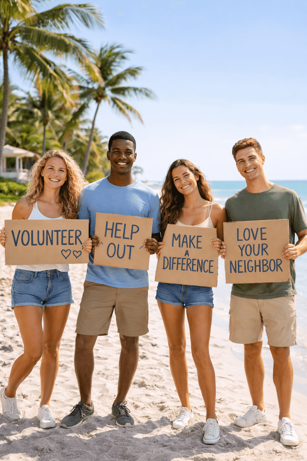 People holding messages of volunteer service and love for their neighbors